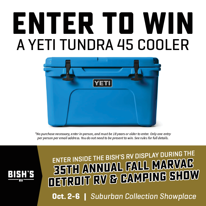 Enter to win a YETI Tundra 45 Cooler! - Inside the Bish's RV display - 35th Annual Fall MARVAC Detroit RV & Camping Show - Oct. 2-6, 2024